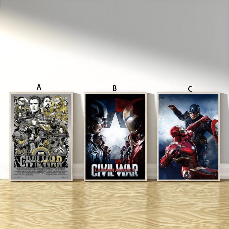 May include: Three framed movie posters from "Captain America: Civil War." Each poster is in a wooden frame, labelled A, B, and C. The posters depict characters and the film's title. The posters are displayed against a white wall.