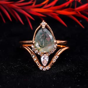 Pear shaped Moss Agate engagement ring set 14k Rose Gold engagement ring set Art deco marquise cut diamond twisted ring Anniversary ring set
