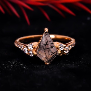 Kite cut schwarzer Rutilquarz Verlobungsring Roségold Silber Stein Moissanit Ring Art Deco Unikat Vintage versprechen Ehering Frauen