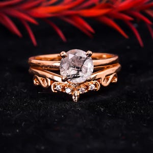 Round Black Rutilated Quartz Ring set  14K Rose Gold 925 Silver Ring Engagement Ring Wedding Ring Dainty Ring Promise Ring Statement Ring