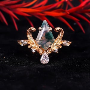 Kite shaped Moss agate engagement ring 14k Rose gold Moissanite engagement ring Moissanite Crown ring Bridal Anniversary Promise ring
