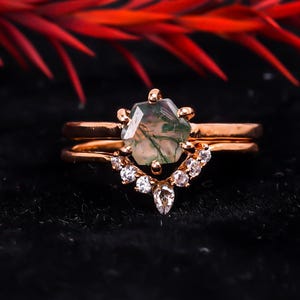 Hexagon-Schliff Moosachat Ring Gold Silber Vintage Schneeverwehung Verlobungsring-Set alternative einzigartige Verlobungsring Brautring-Set Frauen