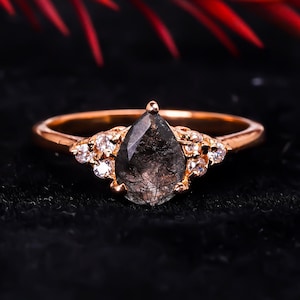 Anello di fidanzamento in argento 925 placcato oro rosa 14K con quarzo rutilato nero naturale a forma di pera, anello da sposa con rutilo nero, regalo di Natale
