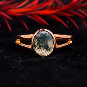 Vintage Lünette Einstellung Moosachat Solitär Ring Solid 14k Rose Gold Ring Vintage Oval Cut Moosachat Verlobungsring Versprechen Brautring
