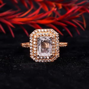 Smaragd geschnitten Schwarz Rutilquarz Verlobungsring, Vintage Einzigartige Quarzring, Massives Weißgold, Art-Deco-Diamantring, Rutilquarzring, Weihnachtsgeschenk