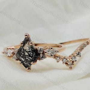 Kite Cut Black Rutilated Quartz Ring Set: 925 Silver, Rose Gold Finish