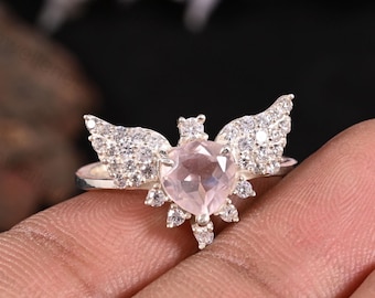 Rose Quartz Heart Ring: Sterling Silver Angel Wings, White CZ Accents