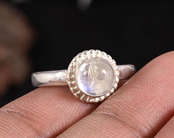 Rainbow Moonstone Ring: Sterling Silver Bezel Setting, June Birthstone