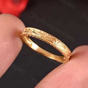 14k Yellow Gold Filigree Milgrain Edge Wedding Band Matching Band Stacking Ring Anniversary Ring Retro Vintage Floral Design Ring Gift Love