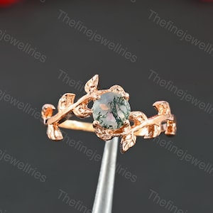 Vintage Moss Agate Leaf Ring: 925 Silver Bridal Engagement Ring