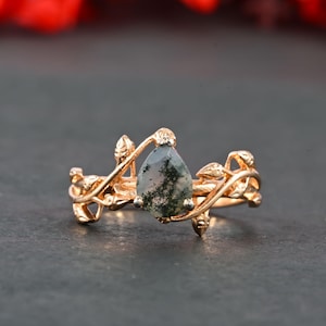 Pear shaped Moss Agate Engagement ring 14K Rose Gold Promise Ring Leaf Nature Inspired Bridal Sets Green Gemstone Ring Jewelry gifts for her