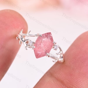 Strawberry Quartz Statement Ring: Vintage Hexagon Cut, 925 Silver