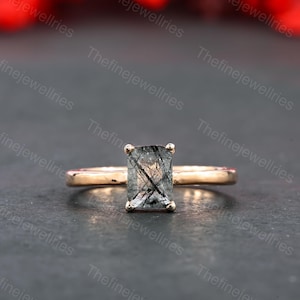 Schwarzer Rutilquarzring Statement Ring Smaragdschliff schwarzer Rutilquarzring Geschenk für Sie Vintage-Ring Schwarzer Steinring 925 Sterlingsilber-Ring