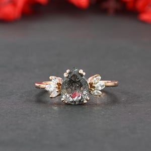 Anello di fidanzamento in quarzo rutilato nero oro rosa taglio a pera Anello di nozze Art Déco Anello di promessa con diamante Marquise Anello di anniversario