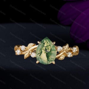 Moss Agate Engagement Ring: Gold Plated Sterling Silver, CZ Leaf Band