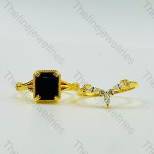 Black Onyx Engagement Ring Set: Emerald Cut 925 Silver Bridal Ring