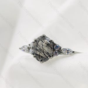 Vintage Oval geschnitten schwarzer Quarz Rutilquarz Verlobungsring Einzigartige Platin Versprechen Ring für sie Weißgold Art Deco zierlicher Zweig Brautring