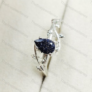 Vintage Pear Shaped Blue Sandstone Engagement Ring Nature Inspired Cluster Promise Ring Rose Gold Art Deco Leaf Gemstone Anniversary Gift