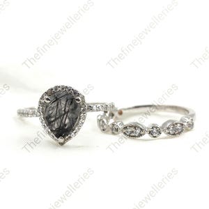 Schwarzer Rutil Ring, Set aus zwei Stück, Salz und Papier Ring, Hochzeitsring & Verlobungsring, Pear Ring für Frauen