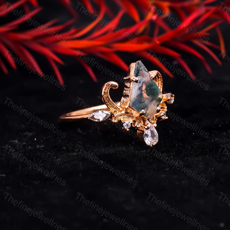 Luyona Anillo De ágata Musgo Natural Para Mujer, Plata De Ley 925, Anillo De Compromiso Verde Con Musgo, Joyería De ágata Musgo, Anillo De Promesa Para Ella, Anillos De Boda únicos