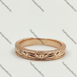 Vintage 14k Rose gold wedding band Unique plain band Milgrain Carved ring Full eternity band Filigree Stacking ring  Anniversary gift