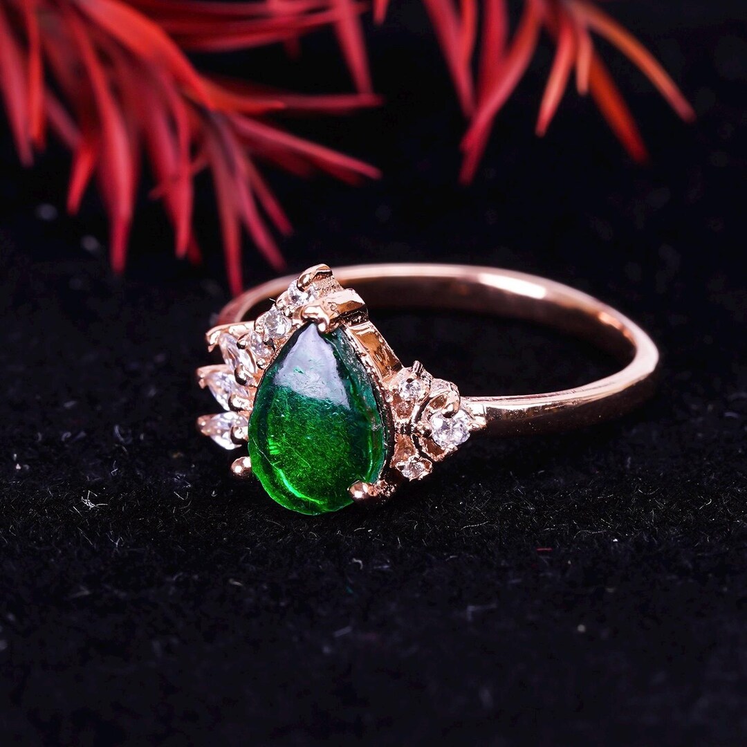 ペアエメラルドリング：925シルバーグリーンカボション5月の誕生石