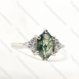 Moss Agate Ring Hexagon Cut Moss Agate Engagement Ring Inspired Unique Solitaire Ring Green Crystal Birthstone Ring Promise Ring Gift for He