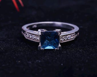 Princess Cut London Blue Topaz Ring: Sterling Silver Halo Ring