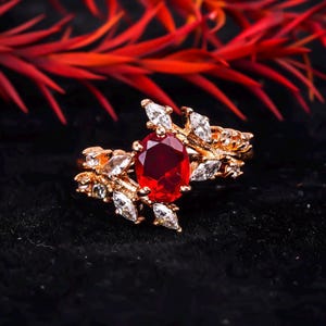 Garnet Engagement Ring Oval Cut Moissanite / Diamond Unique Ring 14k Rose Gold Ring Wedding Ring Bridal Ring Anniversary Ring Christmas Gift
