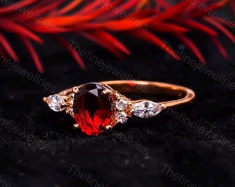 Oval Red Garnet Engagement Ring: 925 Silver January Birthstone