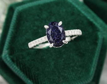 Zierliche Galaxy Sandstein Ring Oval Blauer Sandstein Verlobungsring Sterling Silber Ring Einzigartige Art Deco Ehering Versprechen Jahrestag Ring