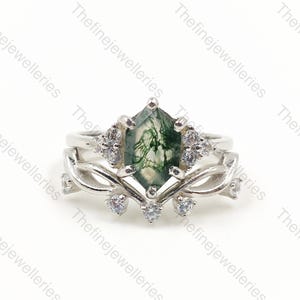 Hexagon Moosachat Ring Set: Vintage 925er Silber Versprechensring