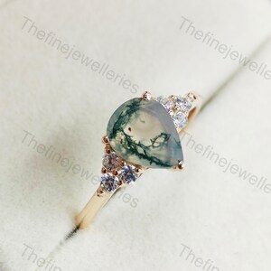 Moss Agate Rose Gold Ring, Sterling silver Pear Moss Agate Vintage Ring Promise Engagement Ring, Anniversary Birthday Gifts for Her
