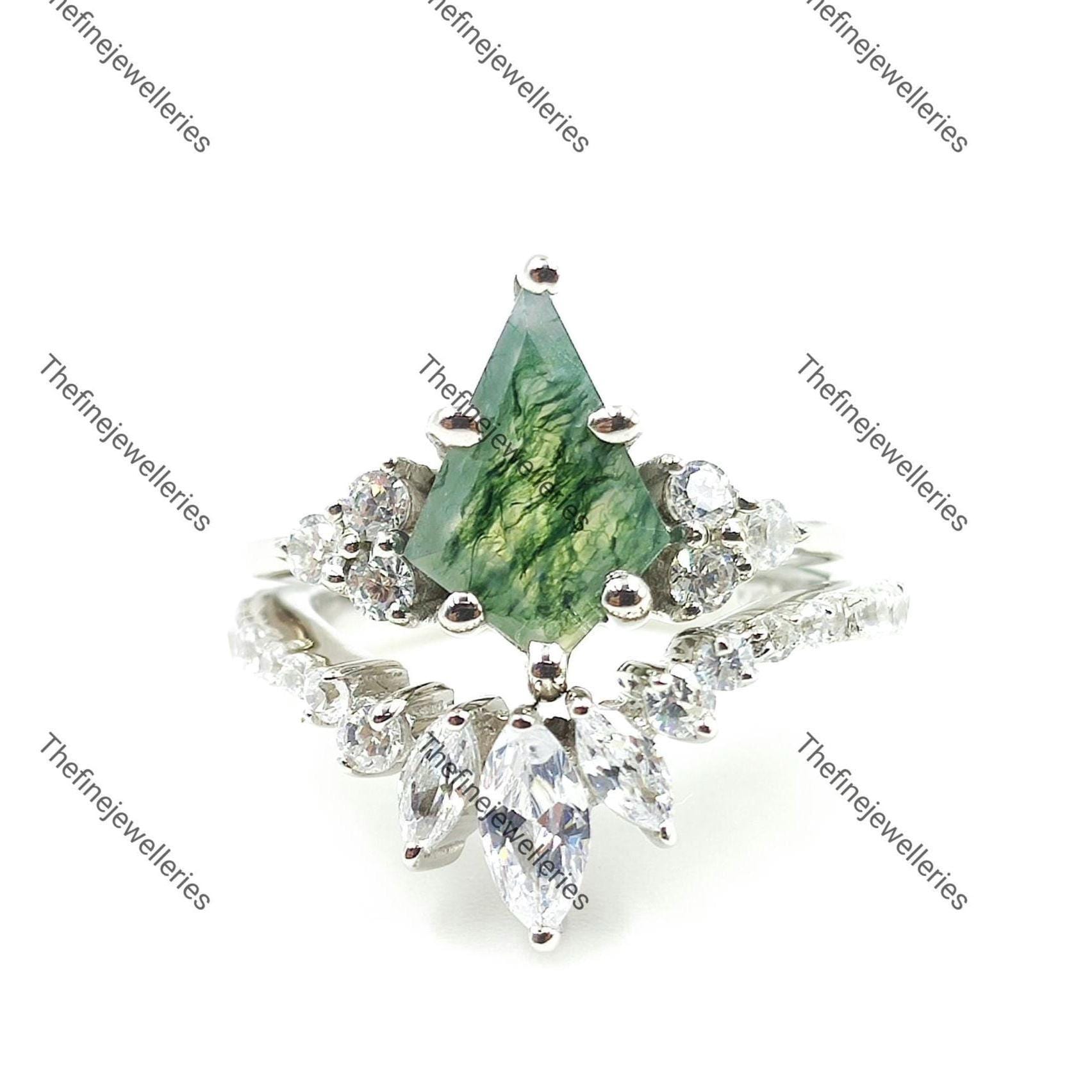 ヴィンテージ カイトカット モスアゲート エンゲージリングセット：14K