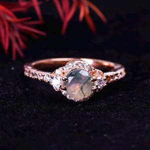 Round Moss agate engagement ring Unique Rose gold Moissanite ring Diamond cluster ring Bridal Art deco promise anniversary ring women ring
