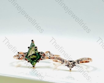 Set di anelli di fidanzamento con agata muschiata taglio a aquilone: anello nuziale in oro rosa con moissanite e diamanti