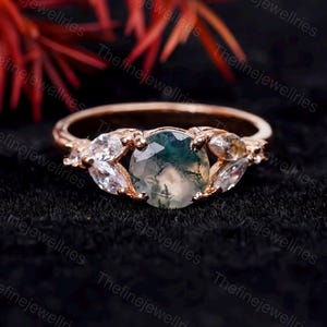 Moss Agate Round Cut Statement Ring, Rose Gold Engagement Ring For Women, Nature Inspired Wedding Ring Unique Anniversary Ring Gift For Her