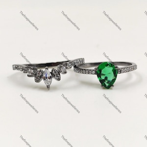 Pear Emerald Engagement Ring Set: Black Plated Silver Marquise Wedding Bridal Promise Ring