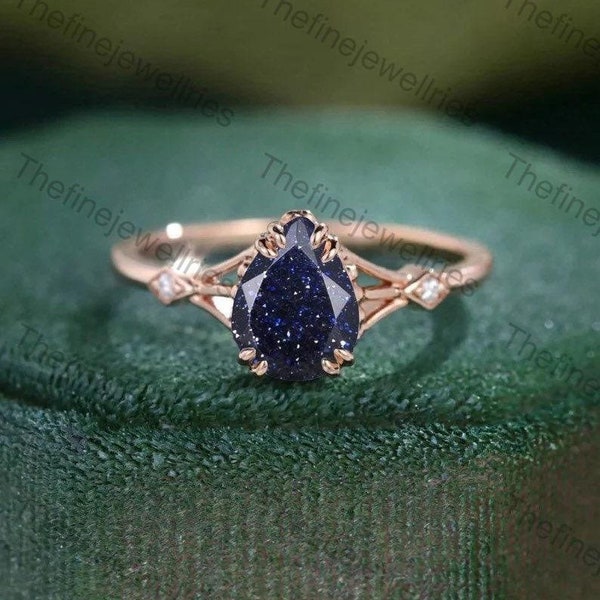 Pear Blue Sandstone Gemstone 925 Silver 14K Rose Gold Solitaire Engagement Promise Statement Ring Birthday Anniversary Graduation Gift