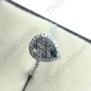 Anello di fidanzamento in quarzo rutilato nero, anello a forma di pera in sale e carta per donna, anello fatto a mano in quarzo nero, anello di fidanzamento a forma di aquilone in stile Art Déco