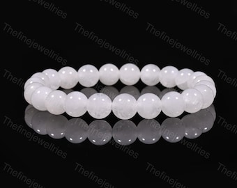 Selenite Beaded Bracelet: Natural White Round Stone, Healing Crystal (8mm)
