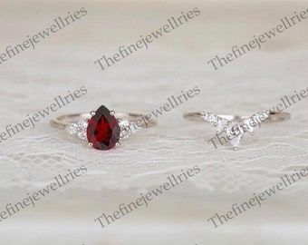 Vintage Pear cut roter Granat Verlobungsring-Set, 925 Sterling Silber einzigartiger Verlobungsring Statement Ring für Frauen Jubiläumsring