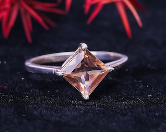 Princess Cut Pink Morganite Ring: Art Deco 925 Silver Promise Ring