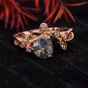 Unique Heart shaped Moss agate engagement ring Vintage Rose gold ring Matching Moissanite ring cluster wedding Promise ring for women