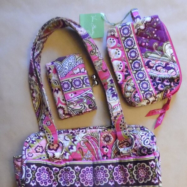 3 Pieces: Tote Bag, Wallet & Cosmetics Case by VERA BRADLEY in Retired Very Berry Paisley - Work, Travel, School, Baby - Free Shipping