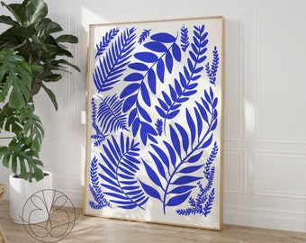 Blue leaves mid century modern wall art print, navy blue, Matisse style interior decor, minimal farmhouse, print at home, instant download