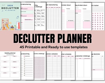 May include: A set of printable planner pages with a pink and white color scheme. The pages include a weekly planner, productivity tracker, declutter challenge, declutter schedule, and a habit tracker. The text "DECLUTTER PLANNER" is in large, bold letters at the top of the image. The text "45 Printable and Ready to use templates" is below the title.