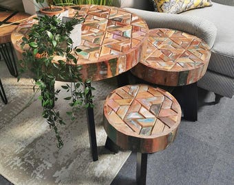 Hand Carved Mango Wood Side Table: Rustic Indian Boho Decor