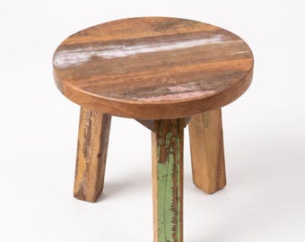 Reclaimed Wooden Colourful Three Legged Small Stool