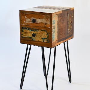Hand Carved Reclaimed Mango Wood Side Table With Hairpin Legs